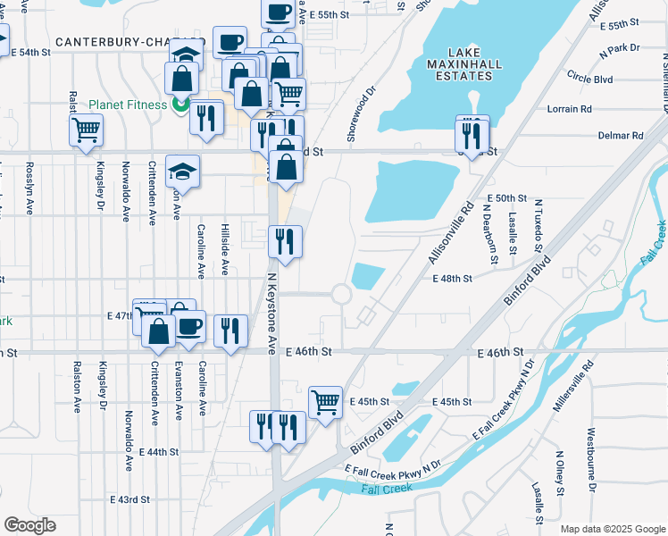 map of restaurants, bars, coffee shops, grocery stores, and more near 4720 Pennwood Drive in Indianapolis