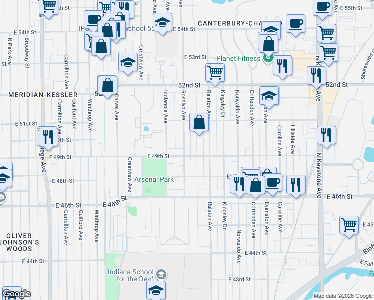 map of restaurants, bars, coffee shops, grocery stores, and more near 4910 Primrose Avenue in Indianapolis