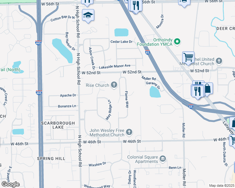 map of restaurants, bars, coffee shops, grocery stores, and more near 4945 Whisenand Drive in Indianapolis