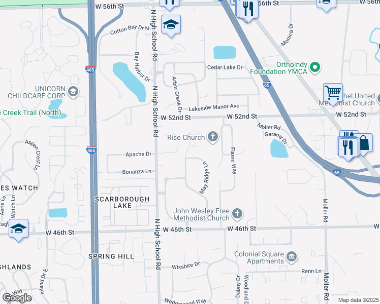 map of restaurants, bars, coffee shops, grocery stores, and more near 5001 Falcon Grove Drive in Indianapolis