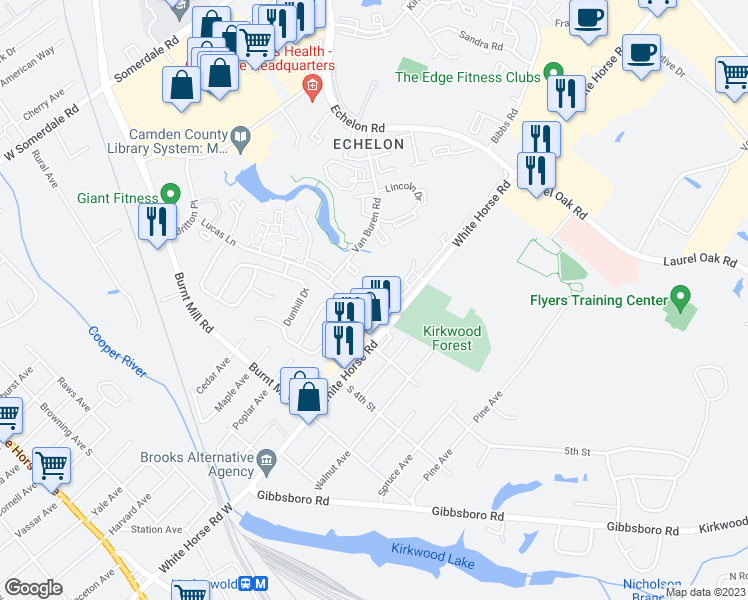 map of restaurants, bars, coffee shops, grocery stores, and more near 3401 Hamilton Drive in Voorhees Township