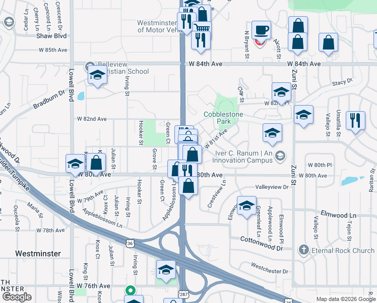 map of restaurants, bars, coffee shops, grocery stores, and more near 8040 Federal Boulevard in Westminster