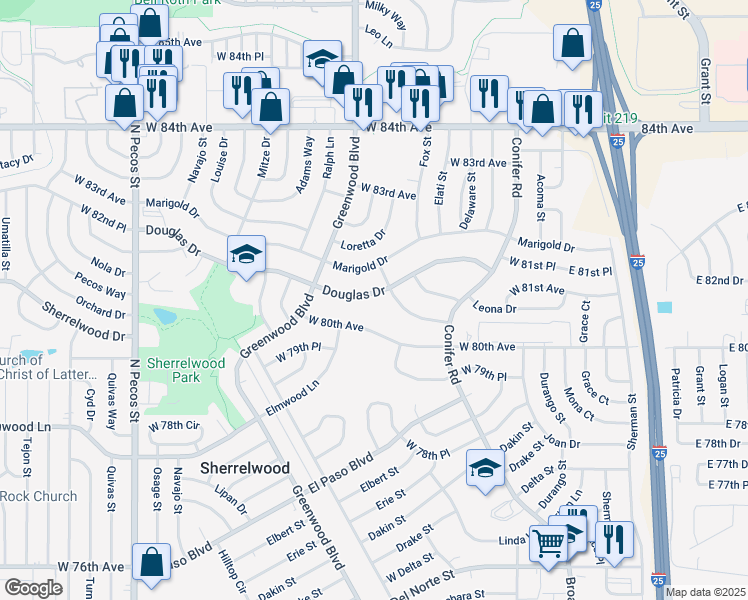 map of restaurants, bars, coffee shops, grocery stores, and more near 744 Douglas Drive in Denver