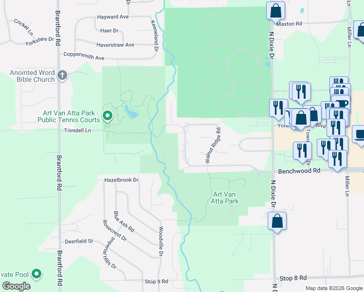 map of restaurants, bars, coffee shops, grocery stores, and more near 3016 Benchwood Road in Dayton