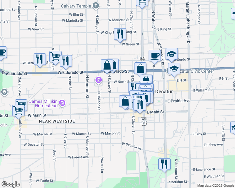map of restaurants, bars, coffee shops, grocery stores, and more near 321 West William Street in Decatur
