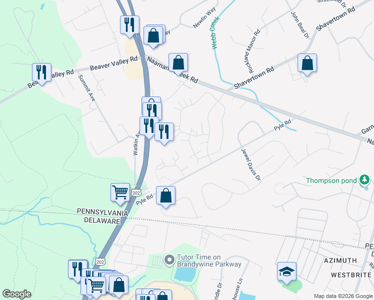 map of restaurants, bars, coffee shops, grocery stores, and more near 504 Homestead Lane in Chadds Ford