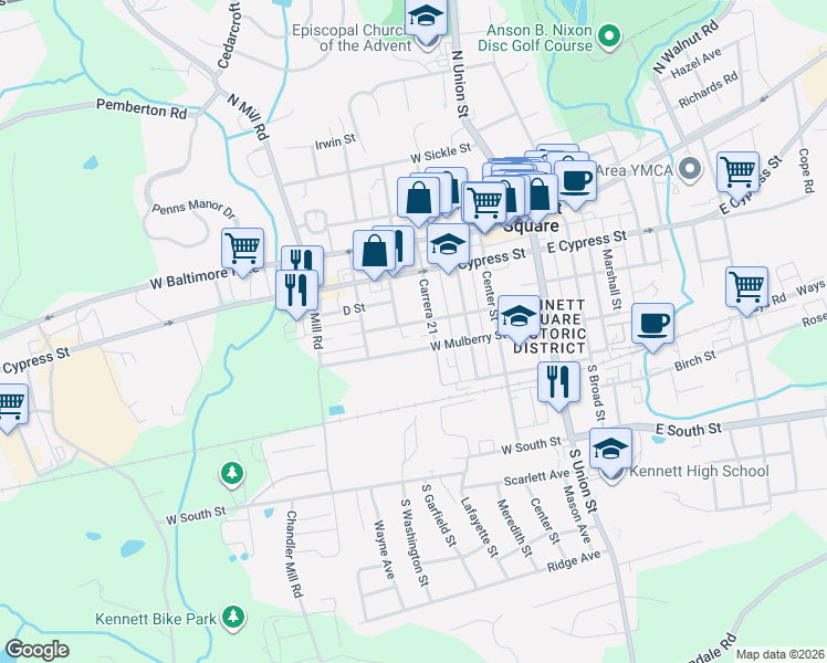 map of restaurants, bars, coffee shops, grocery stores, and more near 300 Lafayette Street in Kennett Square