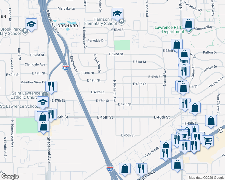 map of restaurants, bars, coffee shops, grocery stores, and more near 7460 East 48th Street in Indianapolis