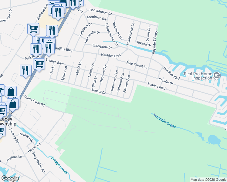 map of restaurants, bars, coffee shops, grocery stores, and more near 213 Sunset Drive in Lacey Township