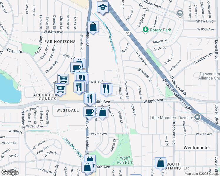map of restaurants, bars, coffee shops, grocery stores, and more near 8075 Wolff Street in Westminster