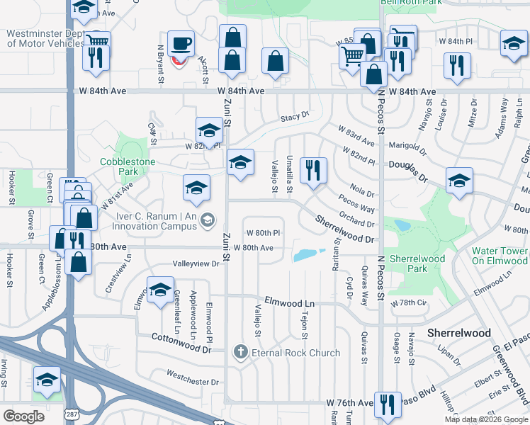 map of restaurants, bars, coffee shops, grocery stores, and more near 2161 Wyandot Drive in Denver