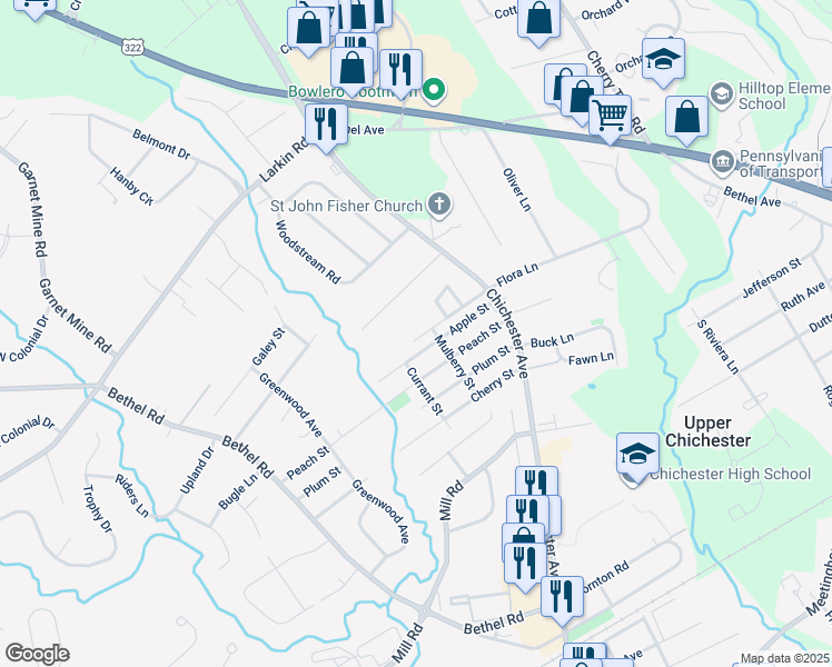 map of restaurants, bars, coffee shops, grocery stores, and more near 1416 Brayden Drive in Boothwyn