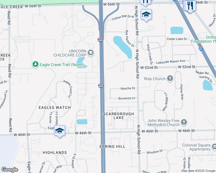 map of restaurants, bars, coffee shops, grocery stores, and more near 5004 Comanche Lane in Indianapolis