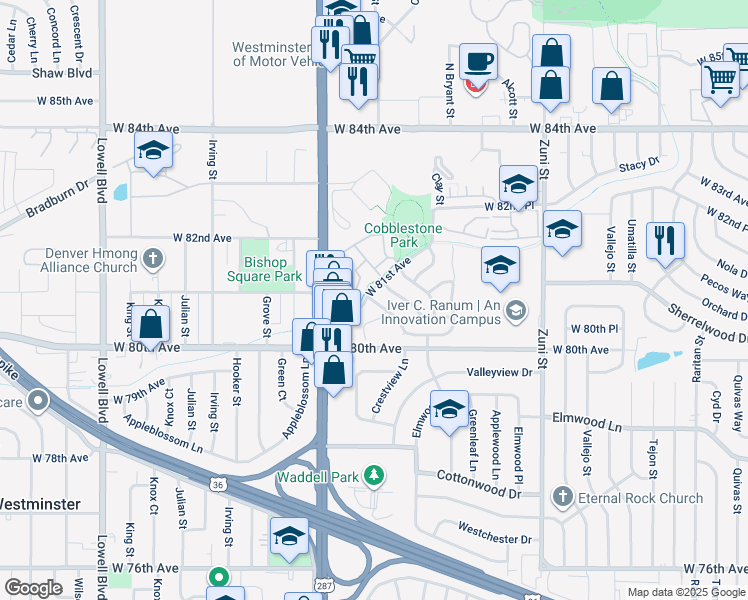 map of restaurants, bars, coffee shops, grocery stores, and more near 14401 Decatur Street in Westminster