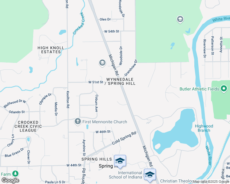 map of restaurants, bars, coffee shops, grocery stores, and more near 4800 North Michigan Road in Indianapolis