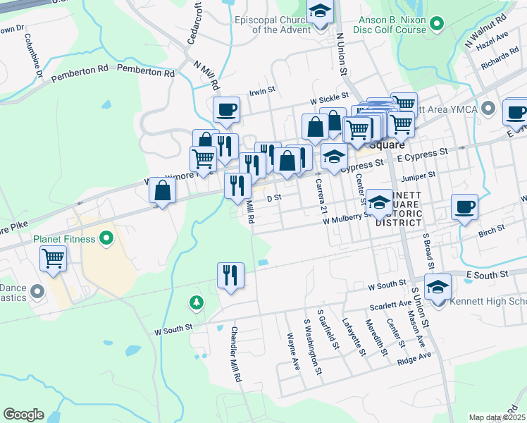 map of restaurants, bars, coffee shops, grocery stores, and more near 621 Magnolia Court in Kennett Square
