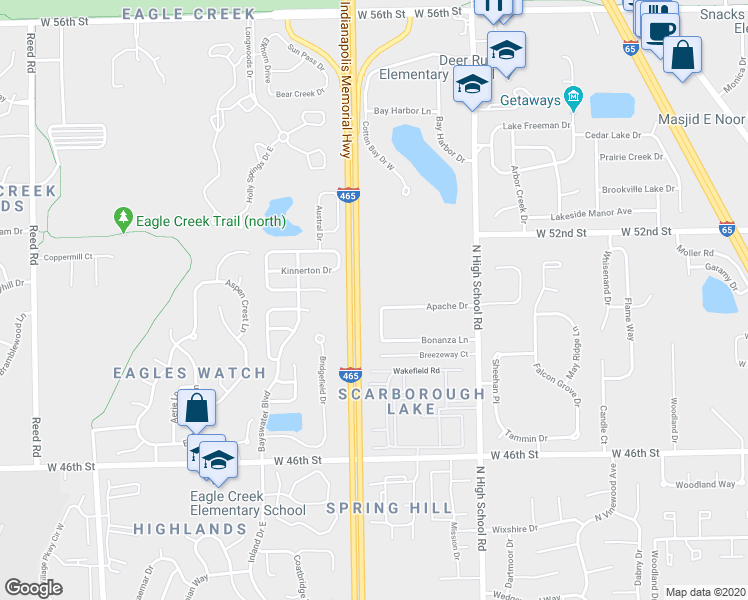 map of restaurants, bars, coffee shops, grocery stores, and more near 6530 Apache Drive in Indianapolis