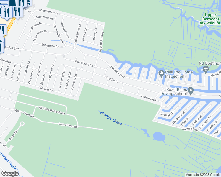 map of restaurants, bars, coffee shops, grocery stores, and more near 505 Sunrise Boulevard in Lacey Township