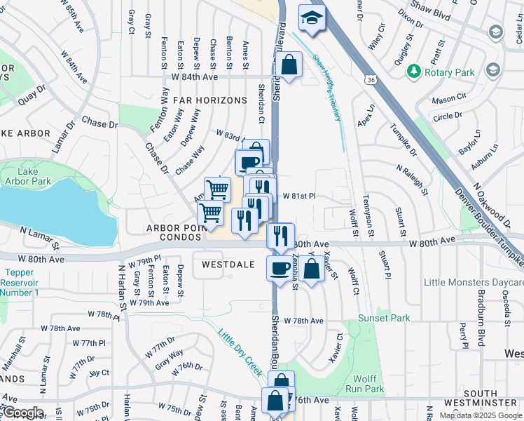 map of restaurants, bars, coffee shops, grocery stores, and more near 8025 Sheridan Boulevard in Arvada