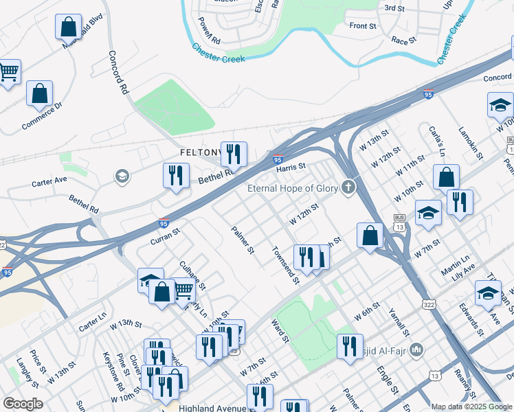 map of restaurants, bars, coffee shops, grocery stores, and more near 2210 Shannon Street in Chester
