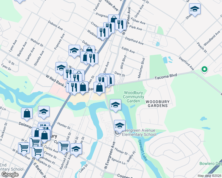 map of restaurants, bars, coffee shops, grocery stores, and more near 568 North Evergreen Avenue in Woodbury