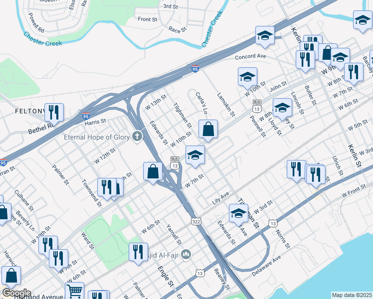 map of restaurants, bars, coffee shops, grocery stores, and more near 904 Central Avenue in Chester