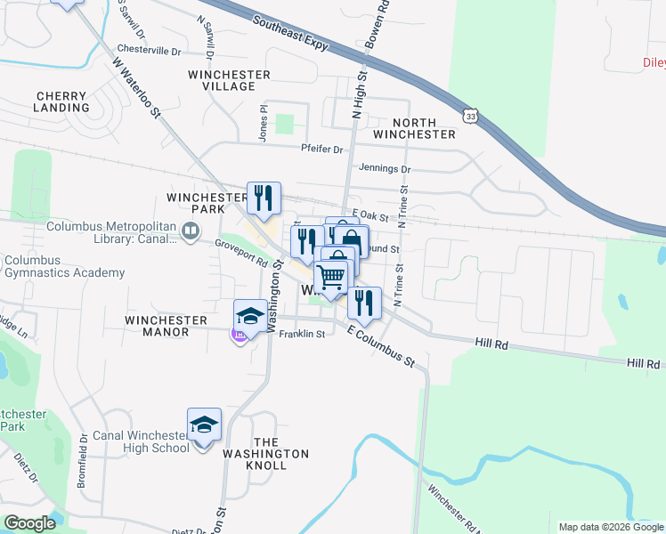 map of restaurants, bars, coffee shops, grocery stores, and more near 16 North High Street in Canal Winchester