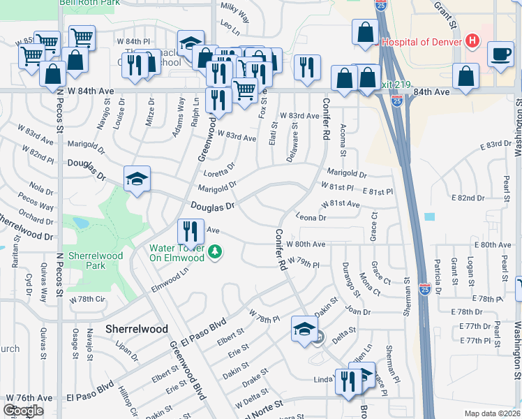 map of restaurants, bars, coffee shops, grocery stores, and more near 565 Sundown Lane in Denver