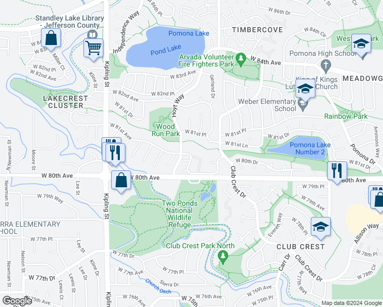 map of restaurants, bars, coffee shops, grocery stores, and more near 8095 Holland Court in Arvada