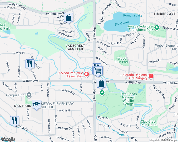 map of restaurants, bars, coffee shops, grocery stores, and more near 8035 Lee Drive in Arvada