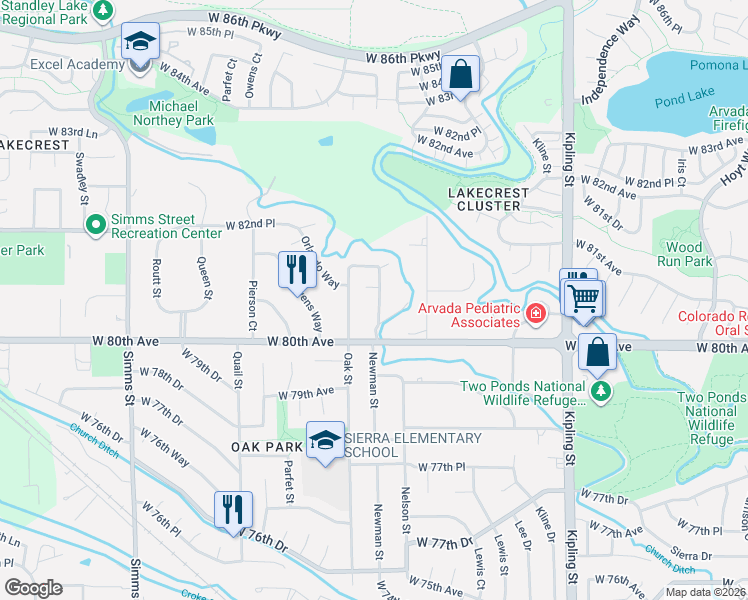 map of restaurants, bars, coffee shops, grocery stores, and more near 8035 North Newman Street in Arvada