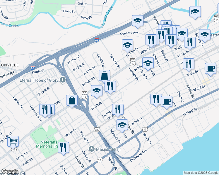 map of restaurants, bars, coffee shops, grocery stores, and more near 1402 West 7th Street in Chester