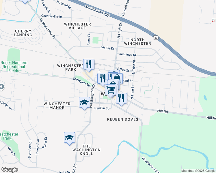 map of restaurants, bars, coffee shops, grocery stores, and more near in Canal Winchester