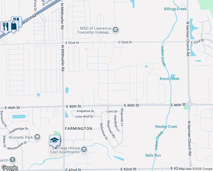 map of restaurants, bars, coffee shops, grocery stores, and more near 10404 East 46th Street in Indianapolis