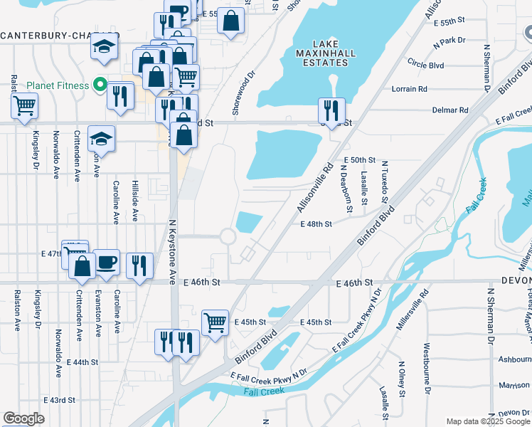 map of restaurants, bars, coffee shops, grocery stores, and more near 4724 Round Lake Road in Indianapolis