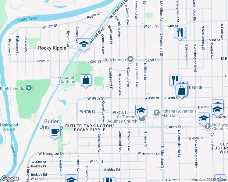 map of restaurants, bars, coffee shops, grocery stores, and more near 398 West 49th Street in Indianapolis