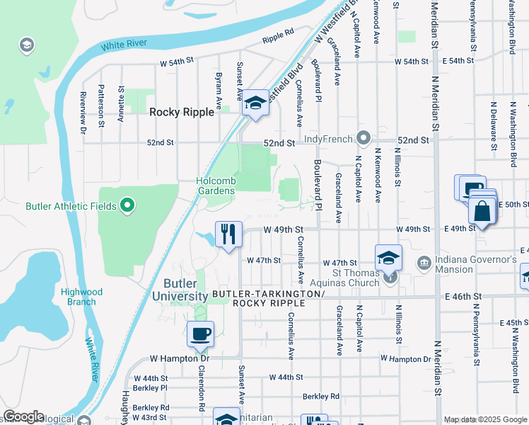 map of restaurants, bars, coffee shops, grocery stores, and more near Rookwood Avenue in Indianapolis