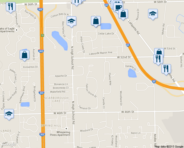 map of restaurants, bars, coffee shops, grocery stores, and more near 5001 Falcon Grove Drive in Indianapolis