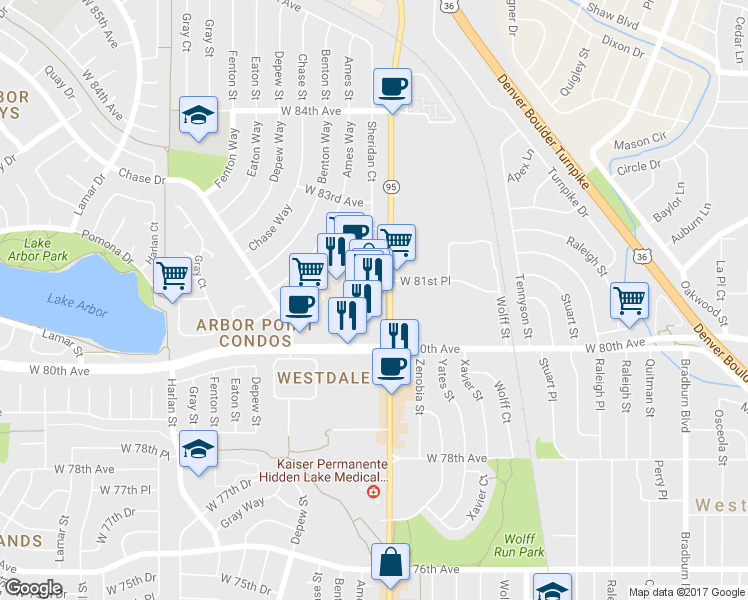 map of restaurants, bars, coffee shops, grocery stores, and more near 8025 Sheridan Boulevard in Arvada