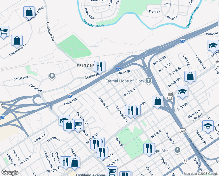 map of restaurants, bars, coffee shops, grocery stores, and more near 2210 Shannon Street in Chester
