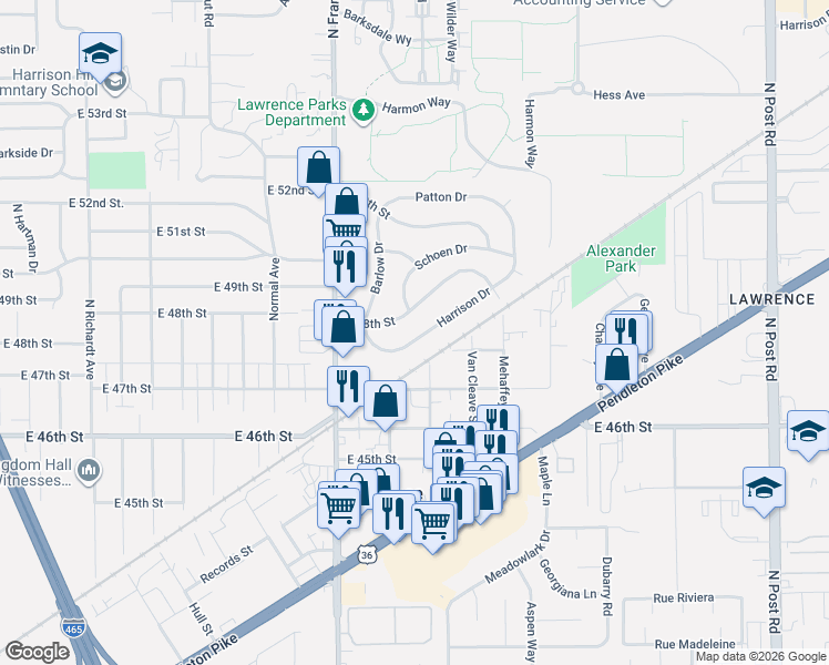 map of restaurants, bars, coffee shops, grocery stores, and more near 8143 Harrison Drive in Lawrence