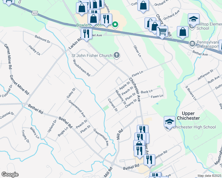 map of restaurants, bars, coffee shops, grocery stores, and more near 4018 Mulberry Street in Boothwyn