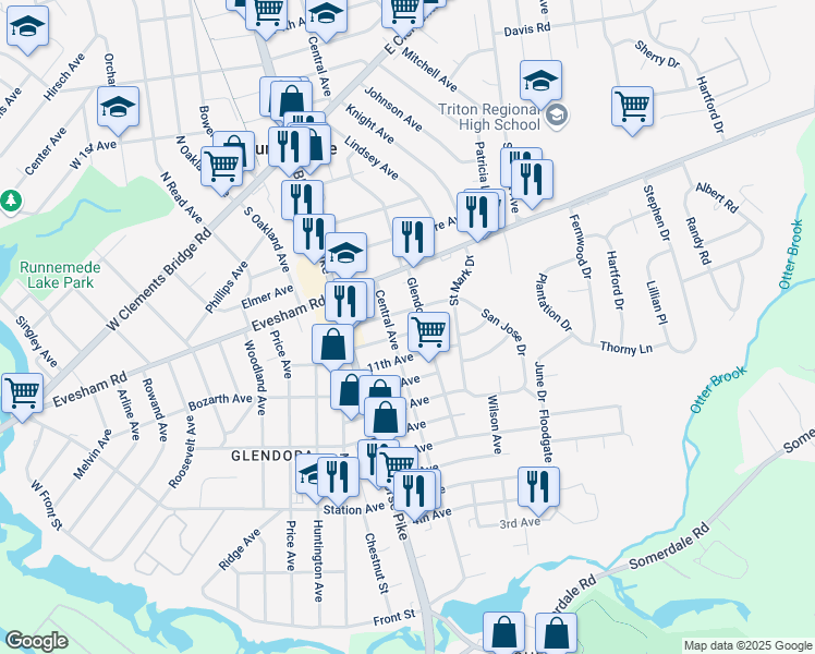 map of restaurants, bars, coffee shops, grocery stores, and more near 1109 Glendora Avenue in Camden County