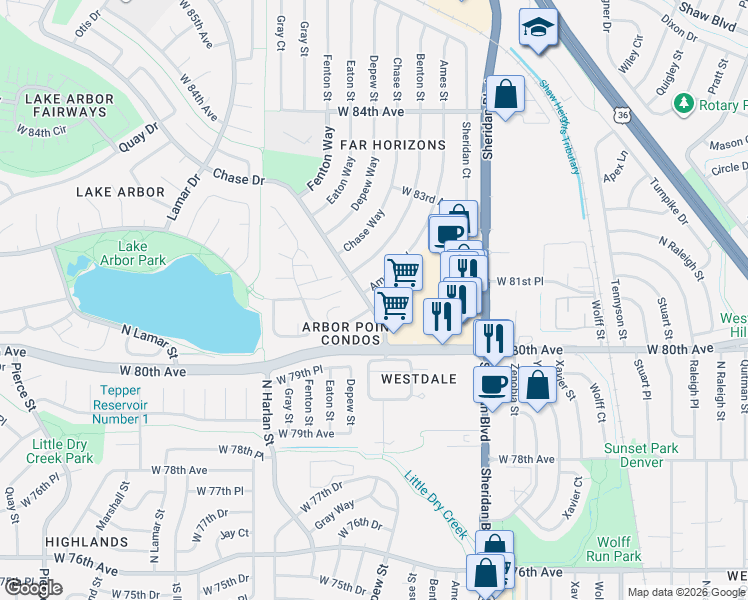 map of restaurants, bars, coffee shops, grocery stores, and more near 8099 Chase Drive in Arvada