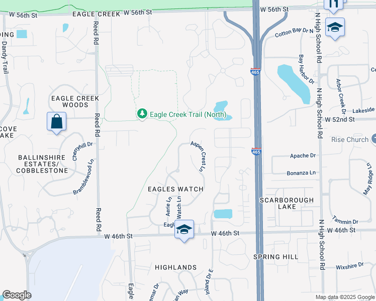 map of restaurants, bars, coffee shops, grocery stores, and more near 5007 Quail Ridge Lane in Indianapolis