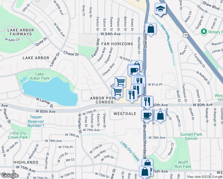 map of restaurants, bars, coffee shops, grocery stores, and more near 8099 Chase Drive in Arvada
