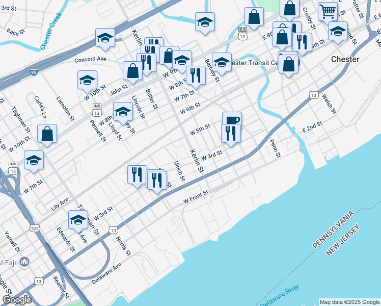 map of restaurants, bars, coffee shops, grocery stores, and more near 716 West 3rd Street in Chester