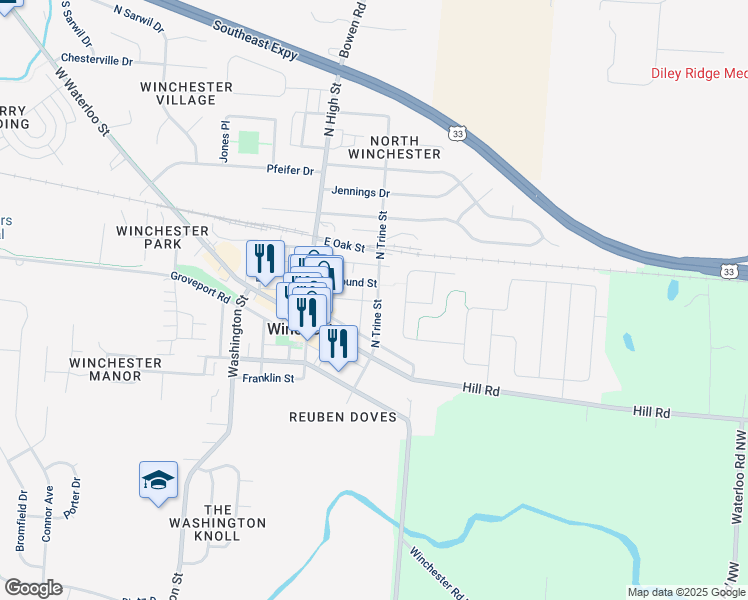 map of restaurants, bars, coffee shops, grocery stores, and more near 44 North Trine Street in Canal Winchester