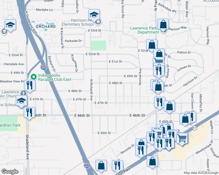 map of restaurants, bars, coffee shops, grocery stores, and more near 4743 North Mitchner Avenue in Indianapolis