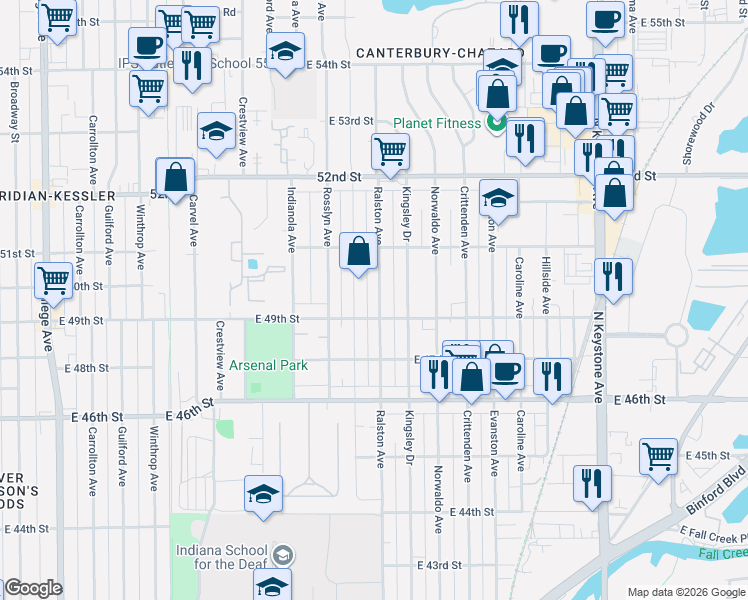 map of restaurants, bars, coffee shops, grocery stores, and more near 4907 Ralston Avenue in Indianapolis